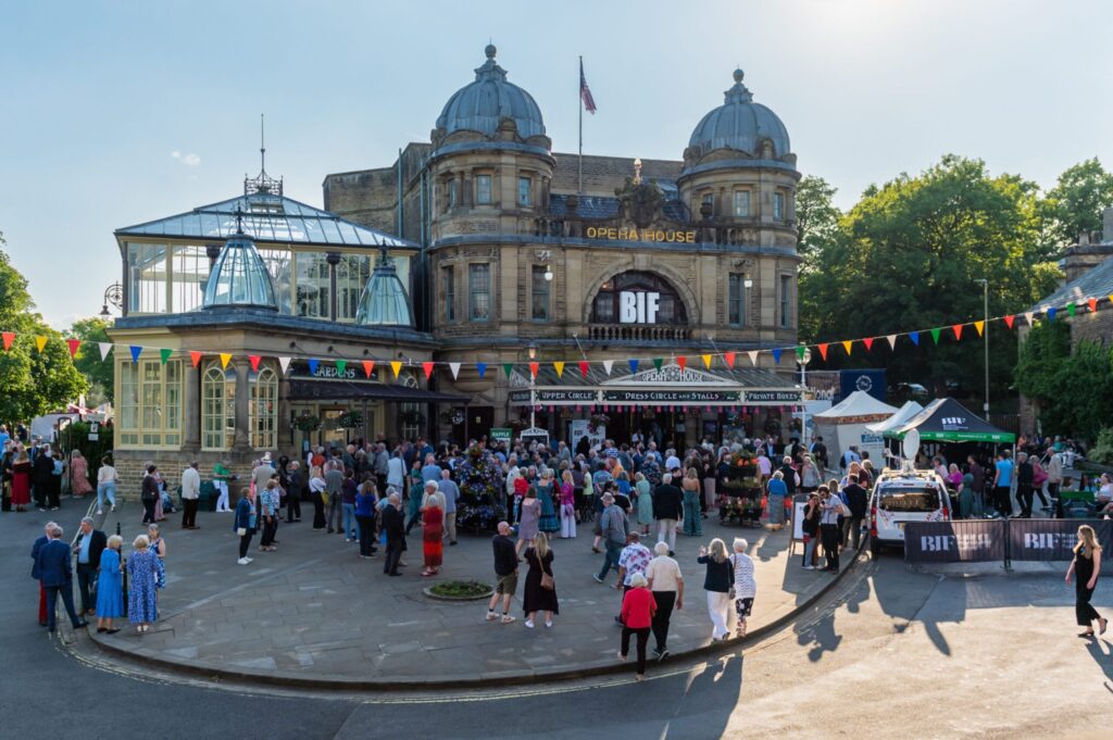 Crowds outside Buxton Opera House during Buxton International Festival.